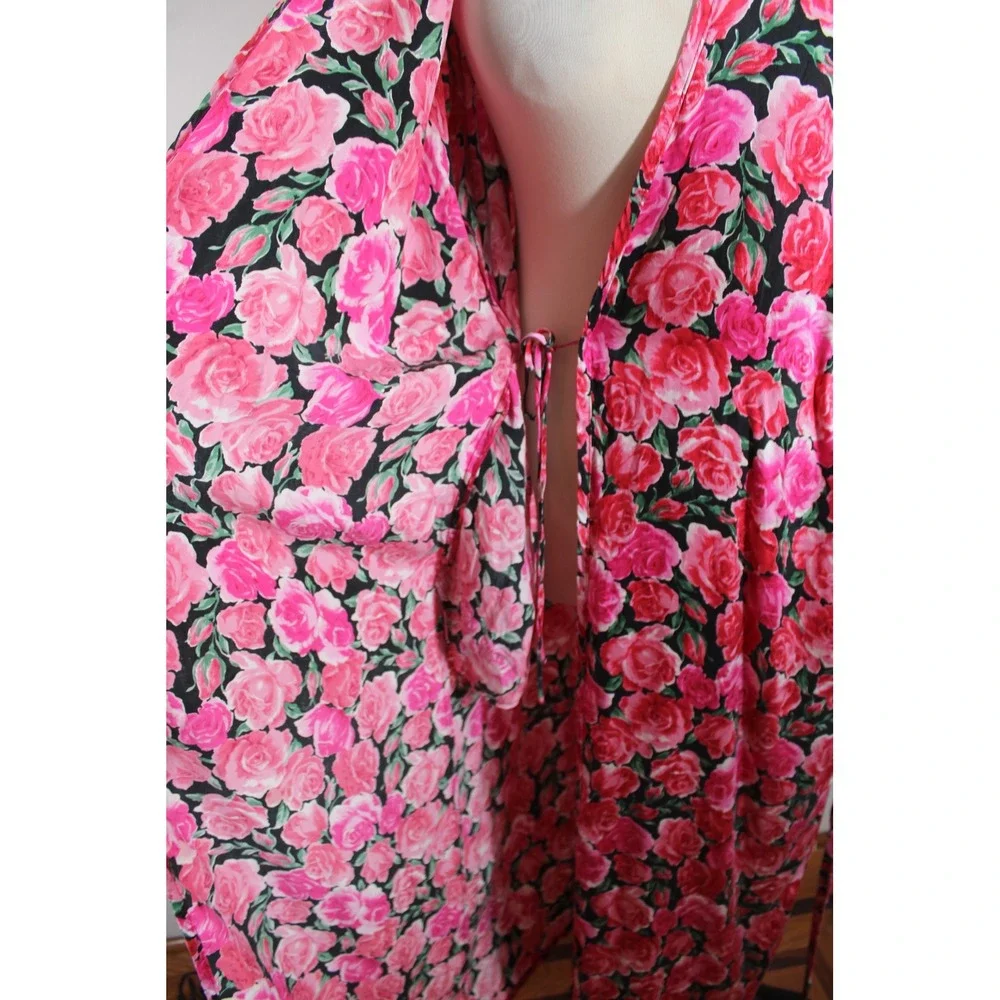 Vtg Victoria's Secret S Pink Floral Silk Maxi Robe Long Sleeve Belt Wrap Pocket
